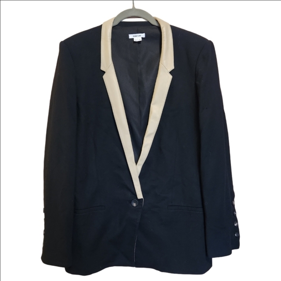 HELMET LANG BLAZER BLACK TAN ONE BUTTON WOOL BLEND NOTCH LEATHER COLLAR SIZE 12 - Picture 7 of 9